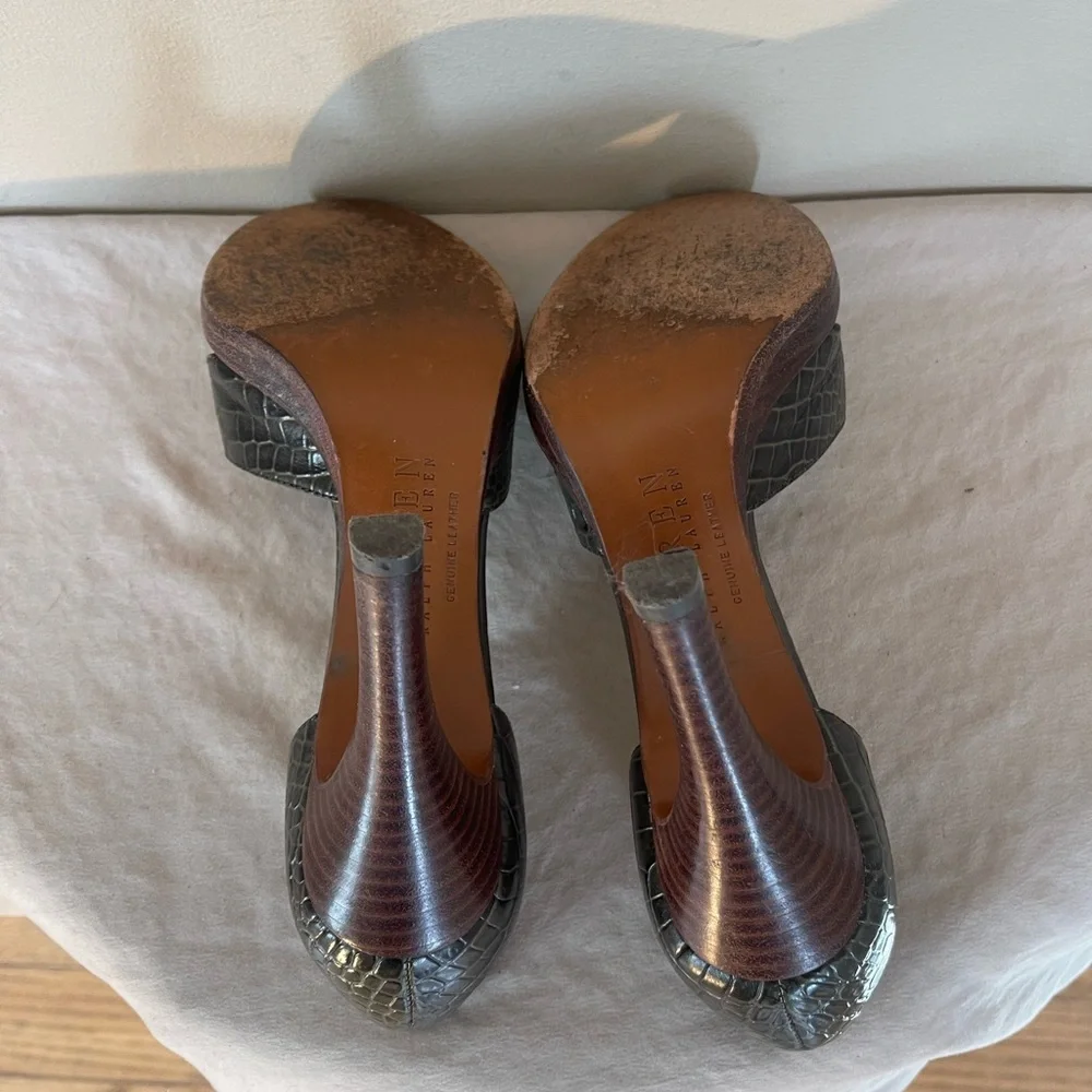 Ralph Lauren Leather Crocodile Pattern Heels Callia Peep Toe Pumps Shoes 7 B - Picture 6 of 9